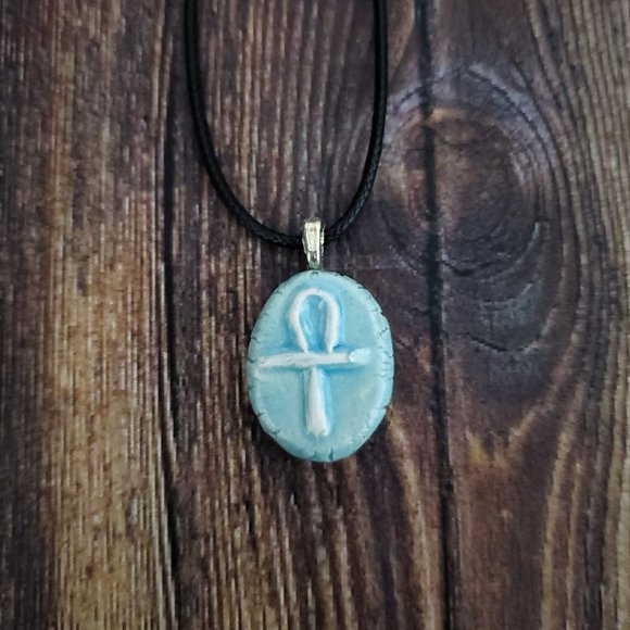 Handmade Ceramic Light Blue Ankh or Key of Life Pendant Necklace - Picture 14 of 14